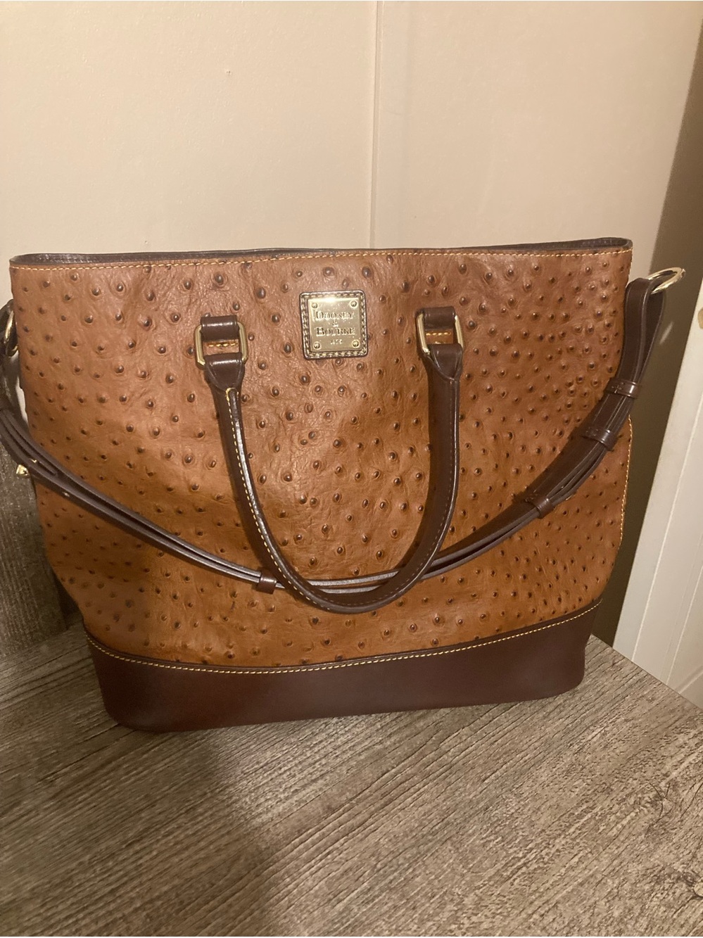 Dooney & Bourke Brown Ostrich-Embossed Tote with Dark Brown Trim